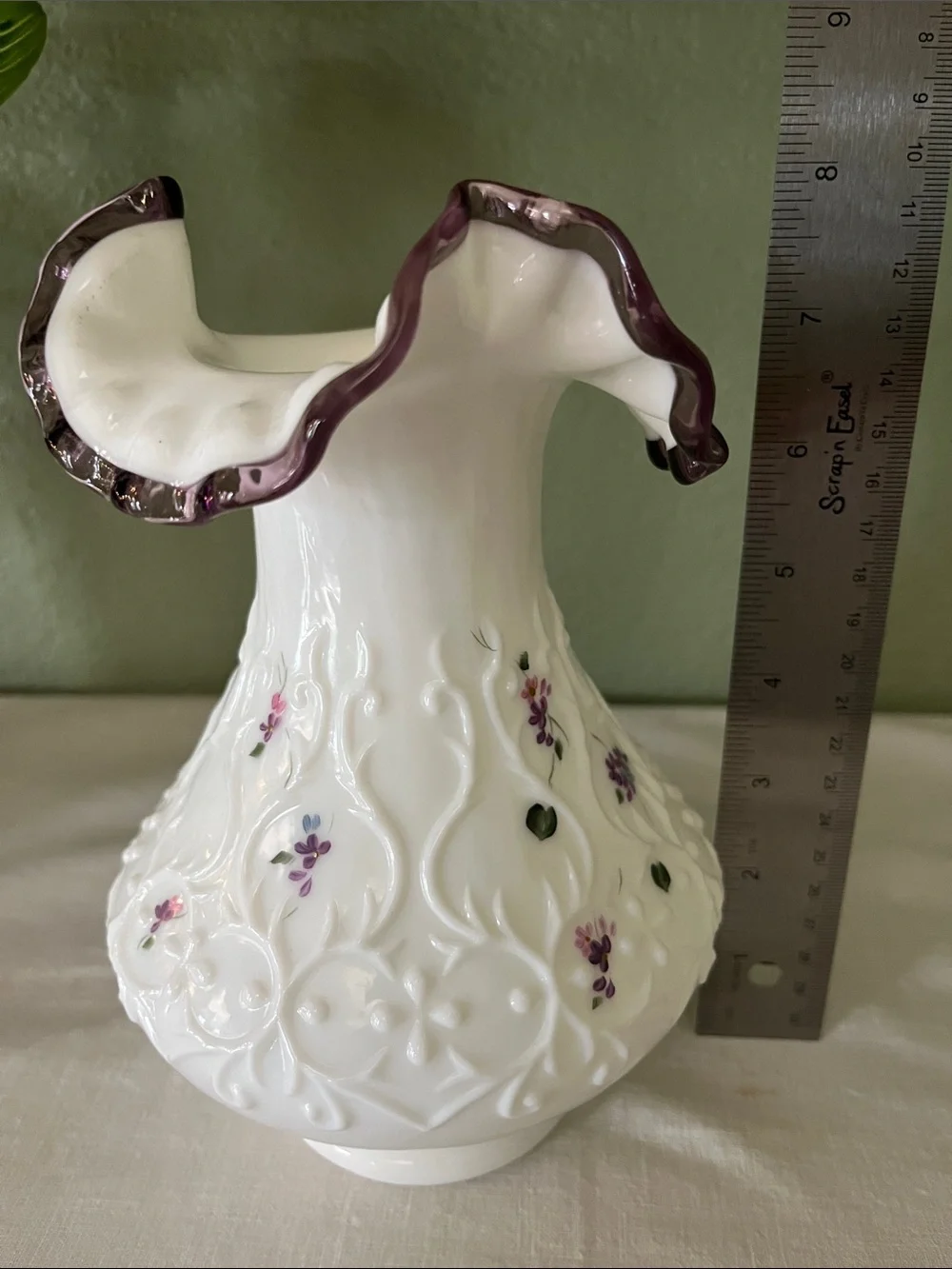 Vintage Fenton Violets in the Snow Amethyst Crest Spanish Lace Vase Signed